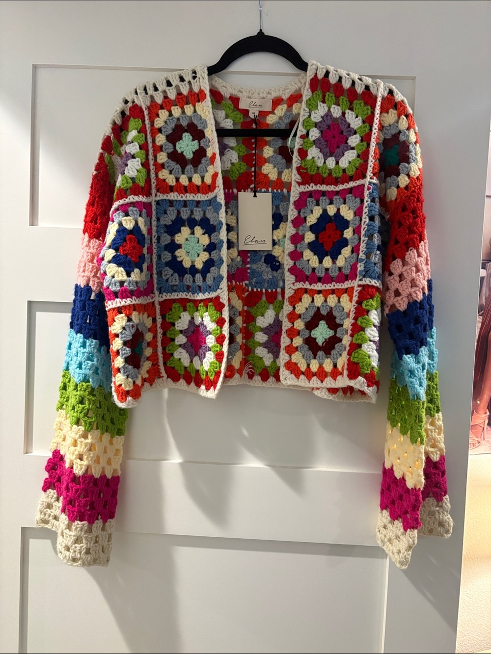 Elan Multicolor Crochet Granny Square Cardigan - Cream Trim
